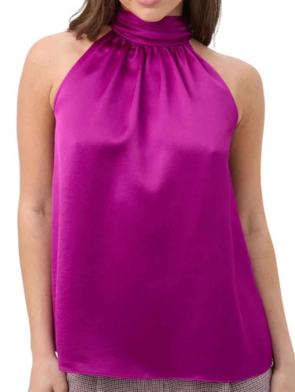 Trina Turk 'Zana' Sleeveless Satin Mockneck Halter Top, Geranium (Dark Magenta)